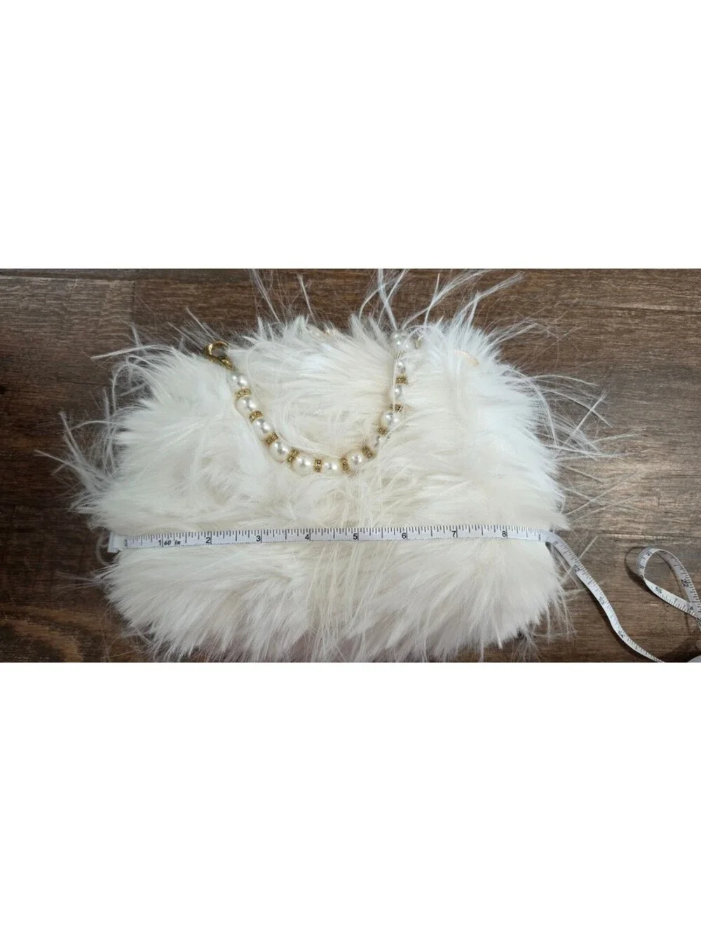 White Faux Fur Clutch Bag with Pearl Handle and Gold Frame